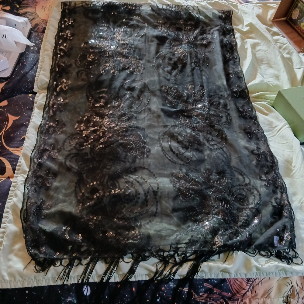 Black Sequined Scarf with Fringe